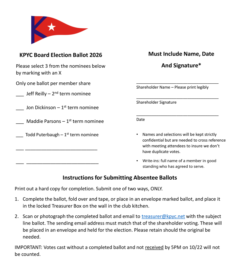 KPYC Board Election Ballot 2026 with instructions for submitting absentee ballots